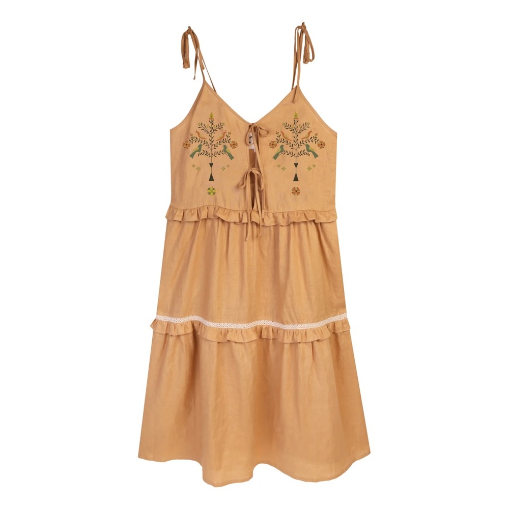 Meadows Tree, Bird, and Flower Embroidered Willow Linen Dress in Brown Size 2